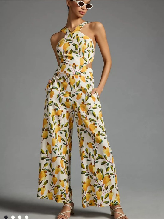 FARM Rio Pants - Farm Rio Halter Cutout Linen Blend Wide-Leg Pear Graphic Jumpsuit size S